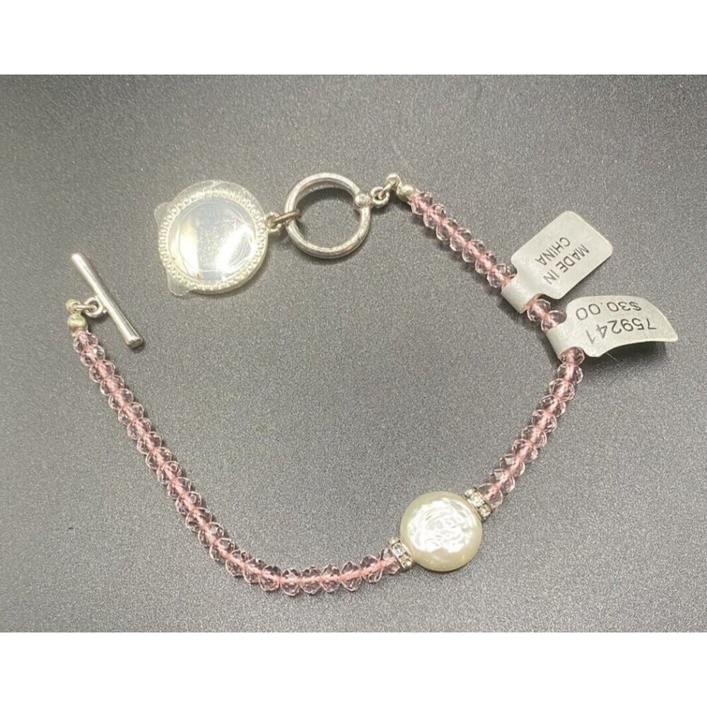Toggle Bracelet NWT Pink Faceted Crystal Faux Coin Pearl 3/4" Charm Barbiecore - Picture 3 of 12